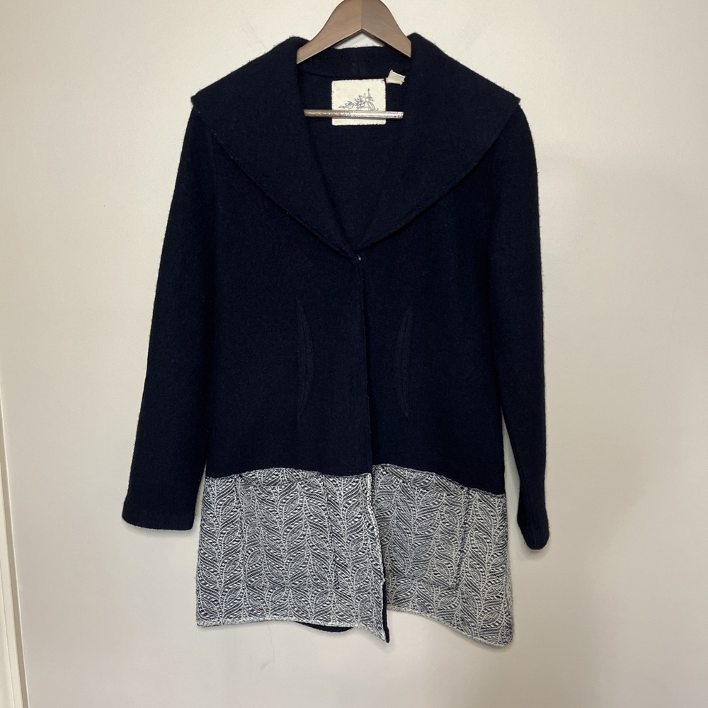 Anthropologie Angel Of The North Wool And Lace Trim Navy‎ Snap Jacket Medium